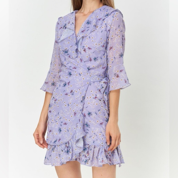 Purple floral wrap ruffle dress - Picture 2 of 9